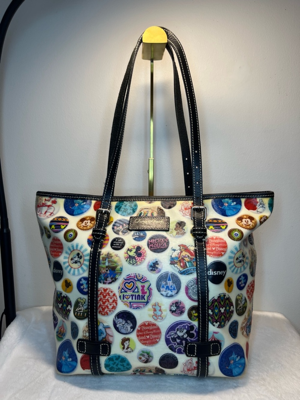 Dooney & Bourke White Disney Button-Print Tote with Black Trim EUC